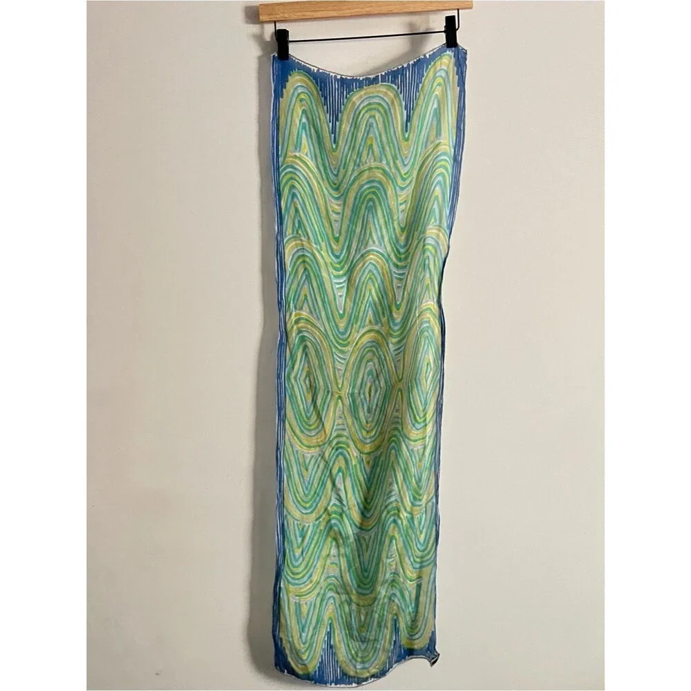 Vintage Veratepe Silk Rayon Abstract Wave Scarf Handmade in Japan Blue Green Ret